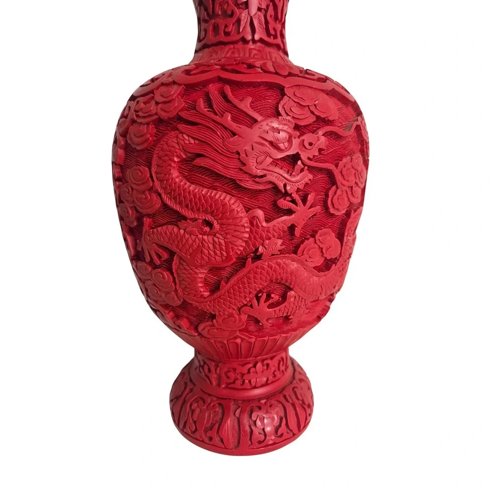 Vintage Chinese Cinnabar Red Carved Resin Vase Dragon Phoenix Oriental Decor